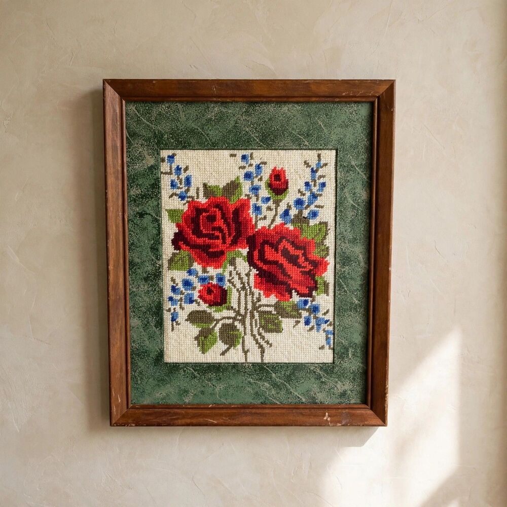 VTG Framed Needlepoint Roses Red Blue Blossoms Cottagecore Wall Art